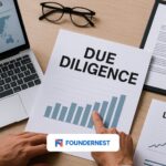 Office worker pointing at papers on a desk towards the title in bold that reads "due diligence". Next to him is also a laptop with a graph on screen and the words "company intelligence".