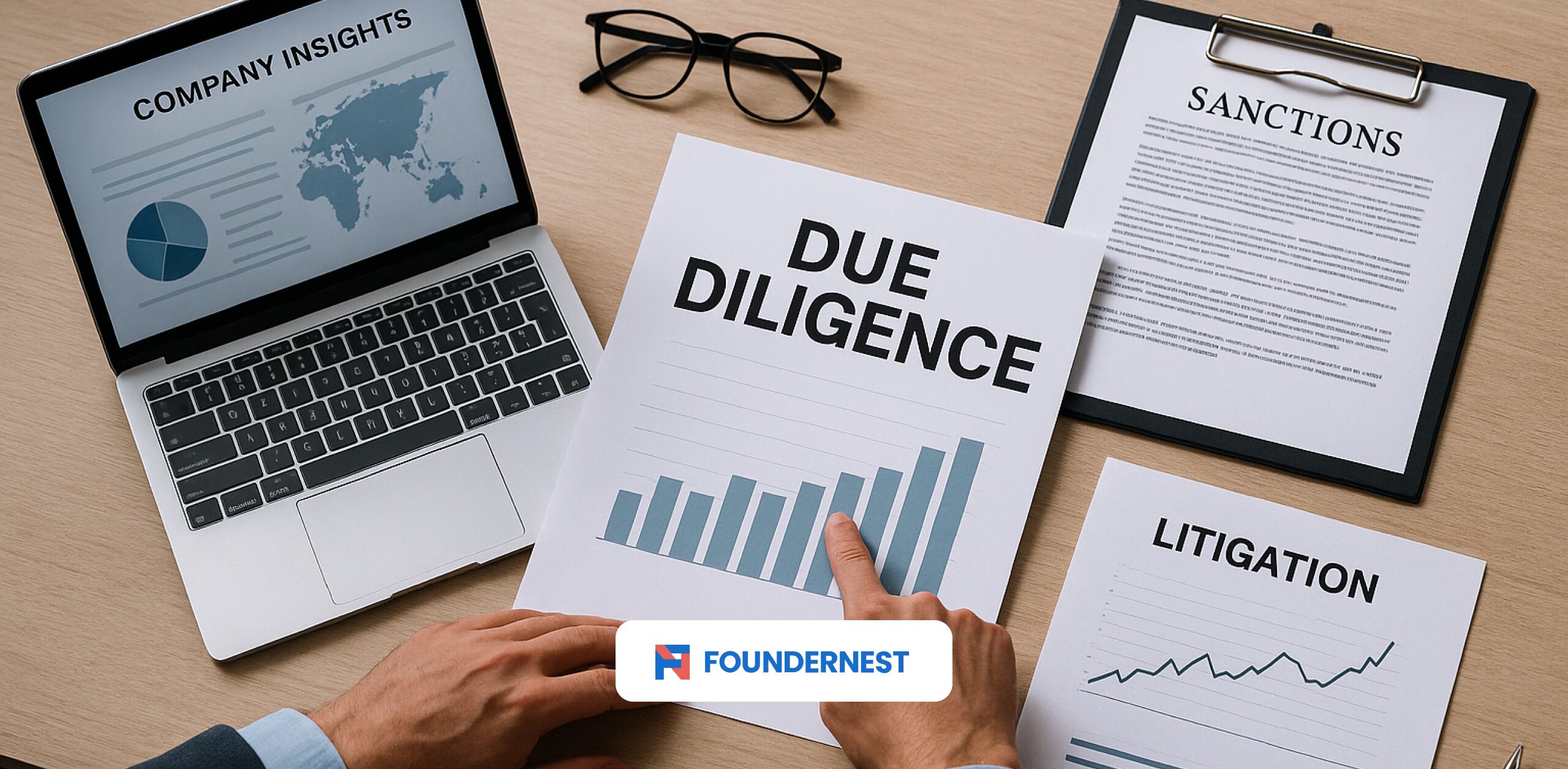 Office worker pointing at papers on a desk towards the title in bold that reads "due diligence". Next to him is also a laptop with a graph on screen and the words "company intelligence".