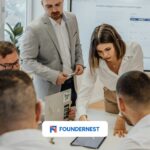 Innovation team business meeting discussing business innovation strategy.