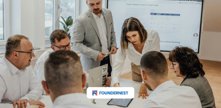 Innovation team business meeting discussing business innovation strategy.