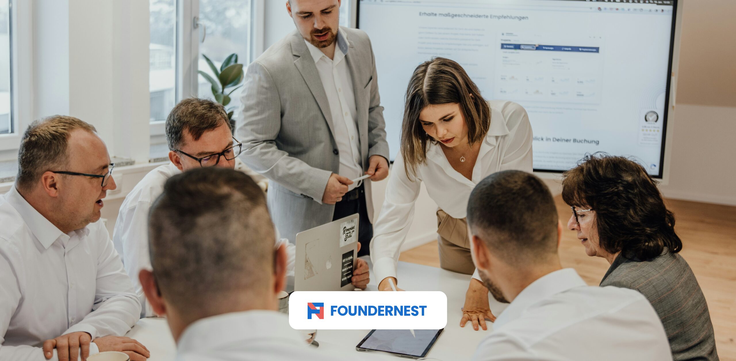 Innovation team business meeting discussing business innovation strategy.